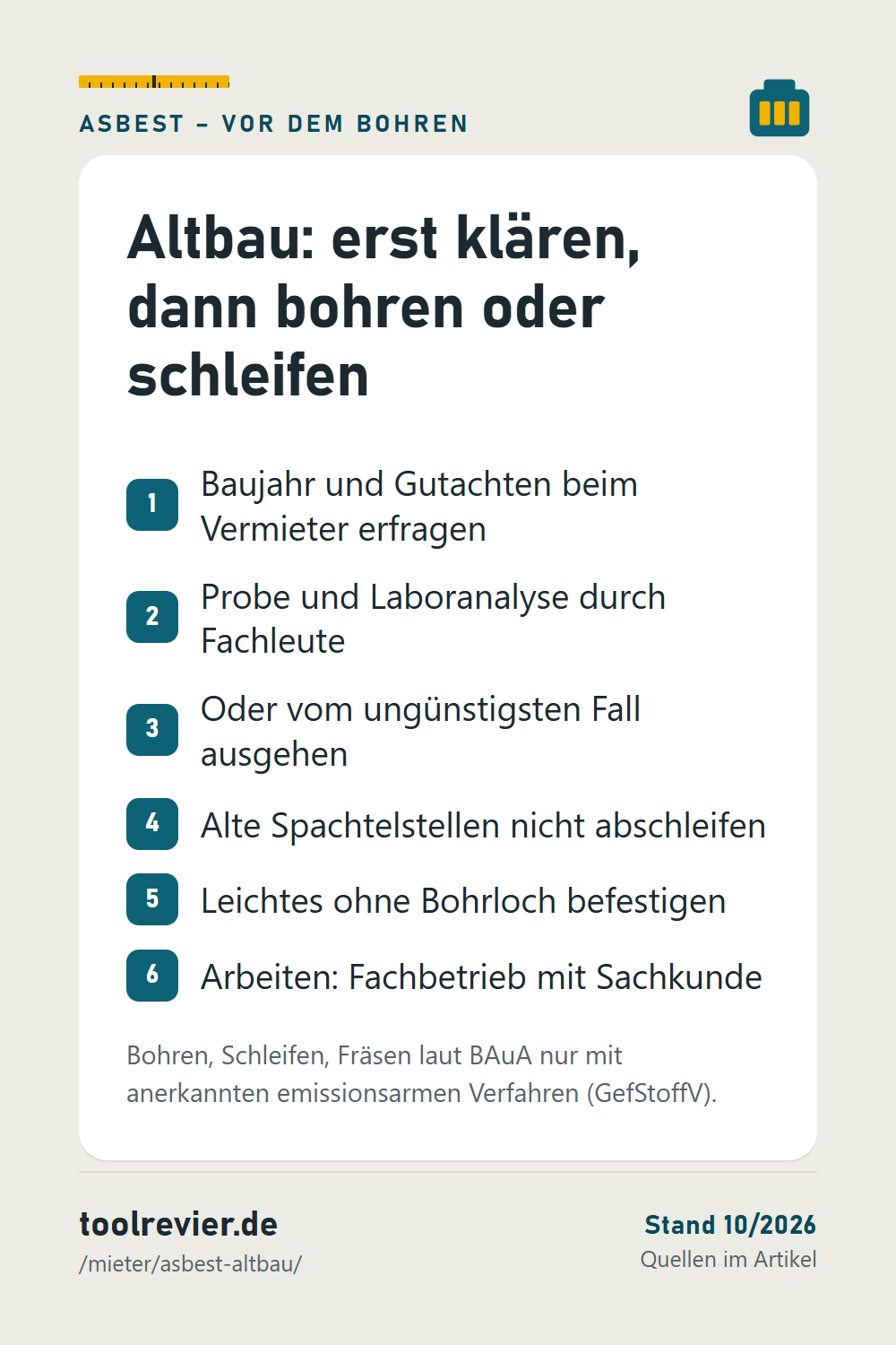 Pin-Liste: Baujahr erfragen, Probe durch Fachleute, ungünstigsten Fall annehmen, nicht schleifen, ohne Bohrloch befestigen, Fachbetrieb.