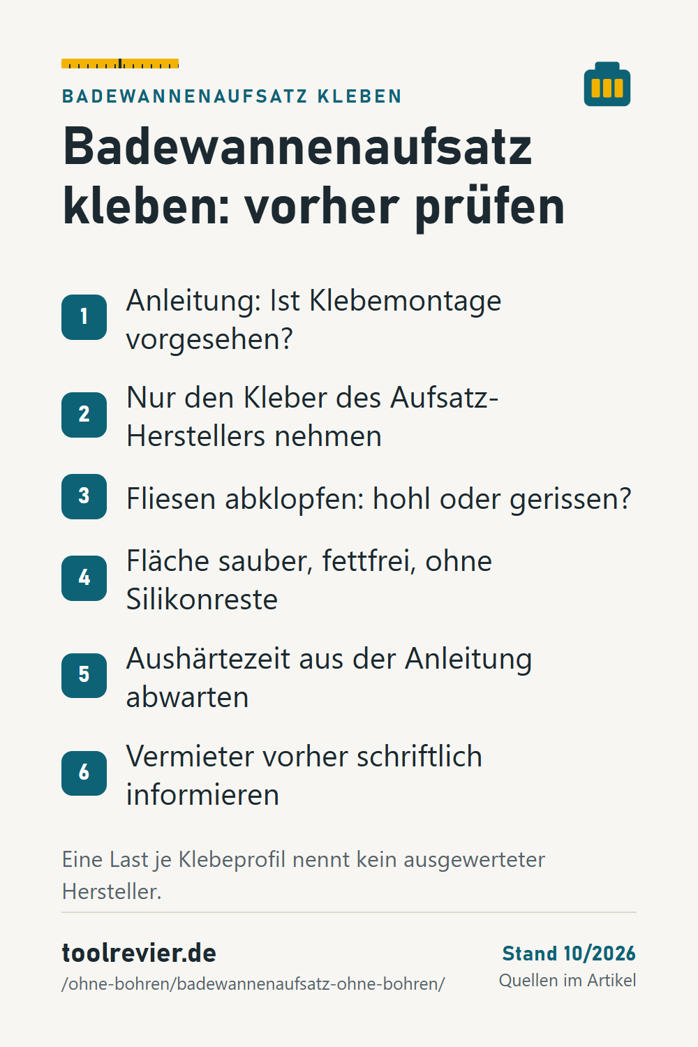 Pin-Liste: Badewannenaufsatz kleben – Anleitung prüfen, Herstellerkleber, Fliesen abklopfen, Fläche fettfrei, Aushärtezeit, Vermieter informieren.