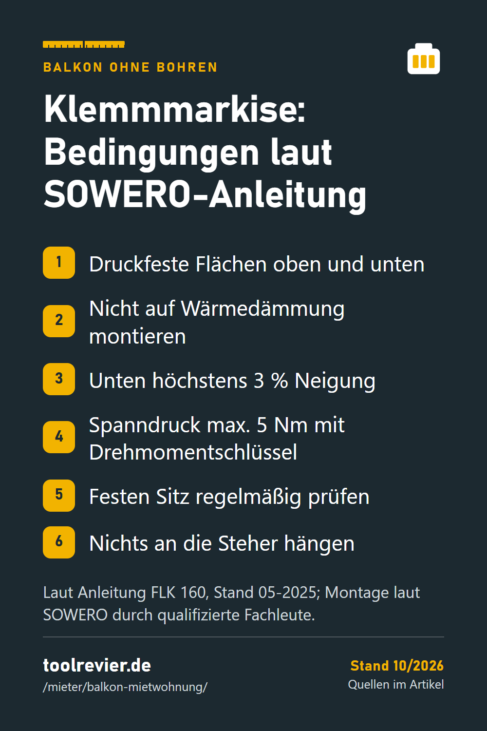 Pin-Liste: druckfeste Flächen, keine Wärmedämmung, max. 3 % Neigung, max. 5 Nm, Sitz prüfen, nichts an die Steher hängen.