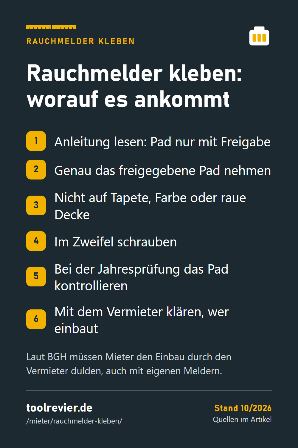 Pin-Liste: Anleitung lesen, freigegebenes Pad, nicht auf Tapete oder Farbe, im Zweifel schrauben, Pad prüfen, Vermieter fragen.