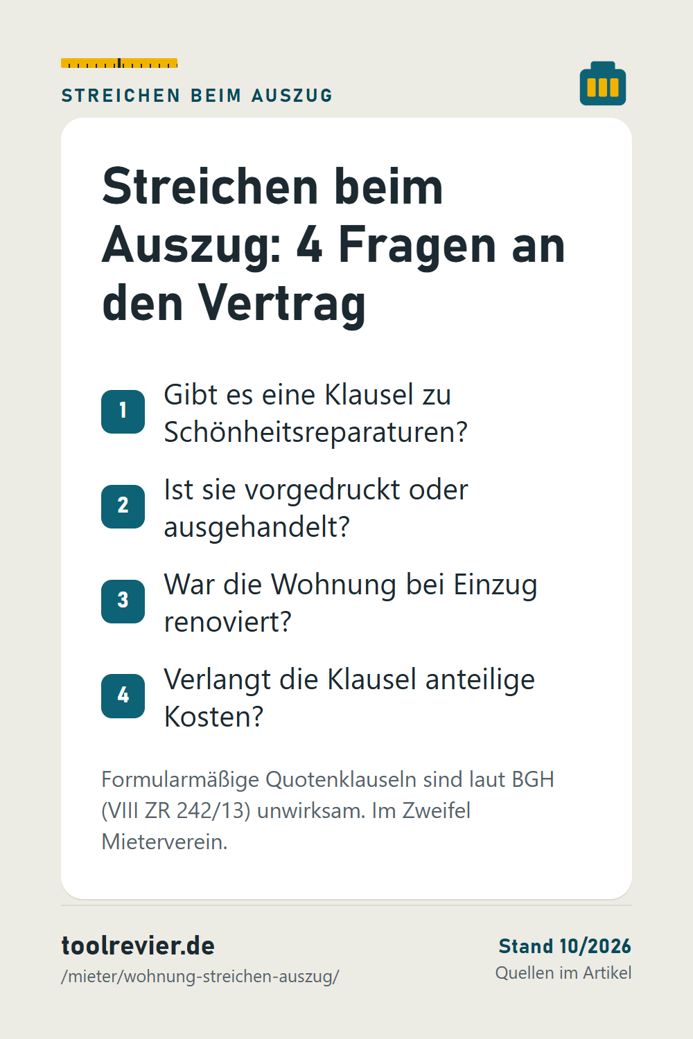 Pin-Liste: 4 Fragen – Klausel vorhanden, vorgedruckt oder ausgehandelt, bei Einzug renoviert, anteilige Kosten verlangt.